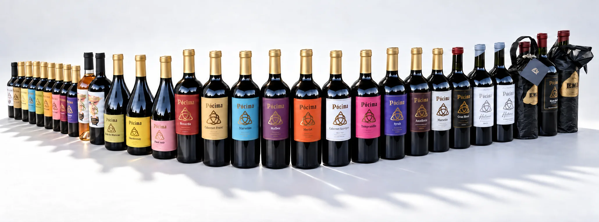 Botellas de Pócima Wines dispuestas en arco