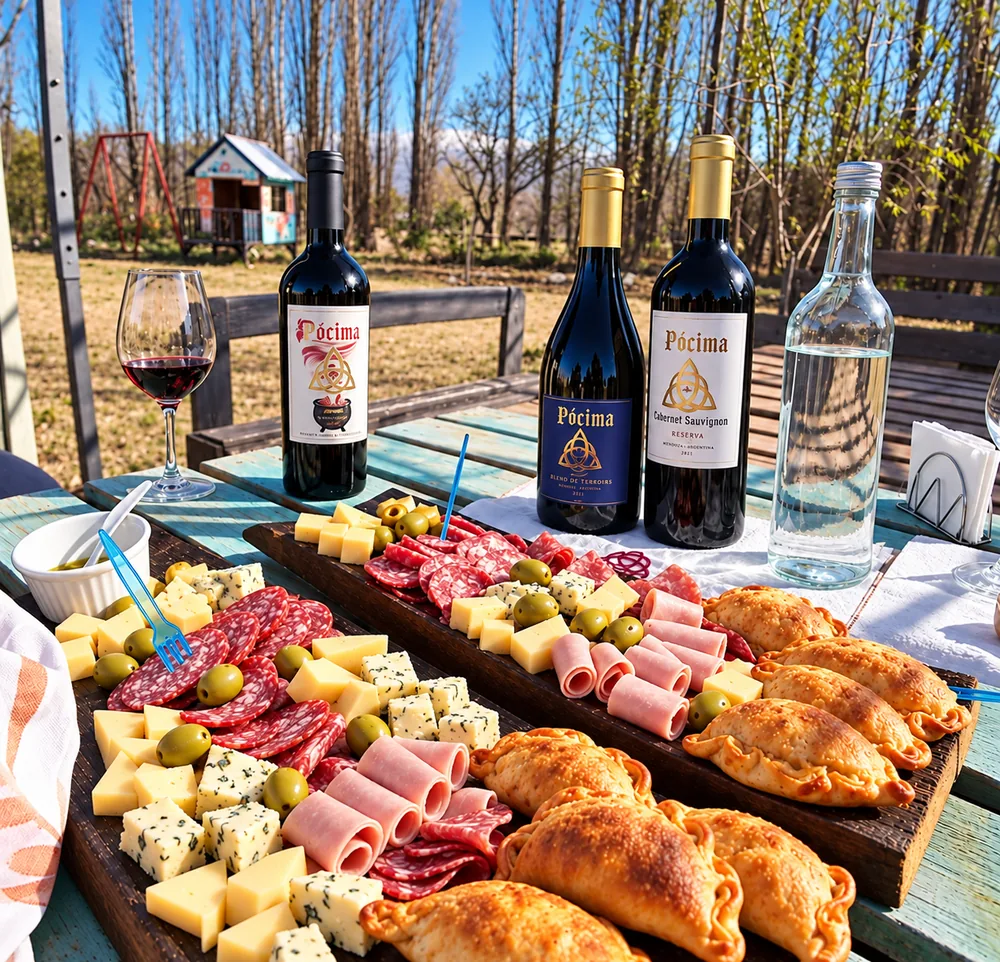 Picada de quesos, fiambres y empanadas con vinos de Pócima, al aire libre