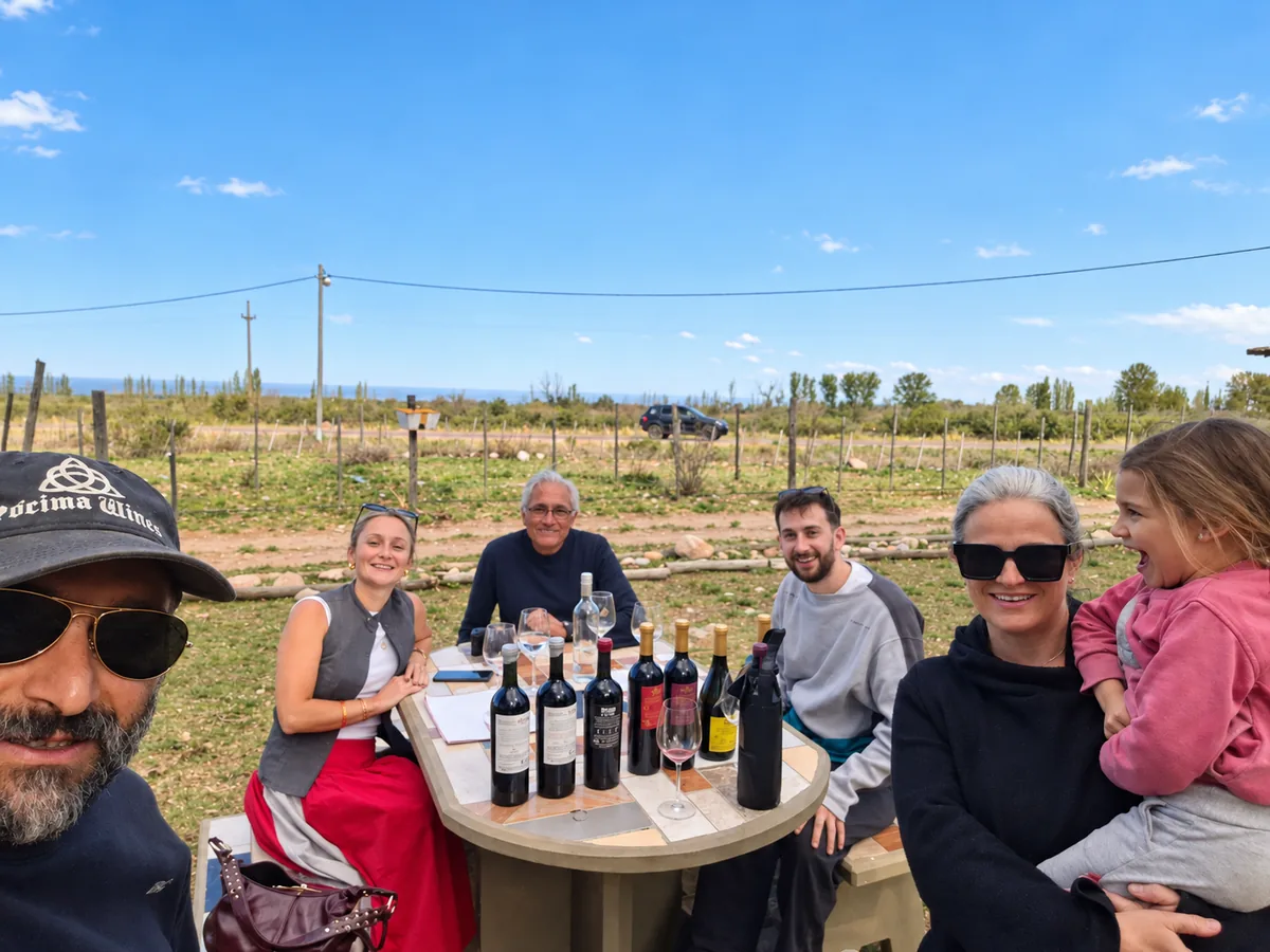 Mesa de degustación con varios vinos, frente al viñedo