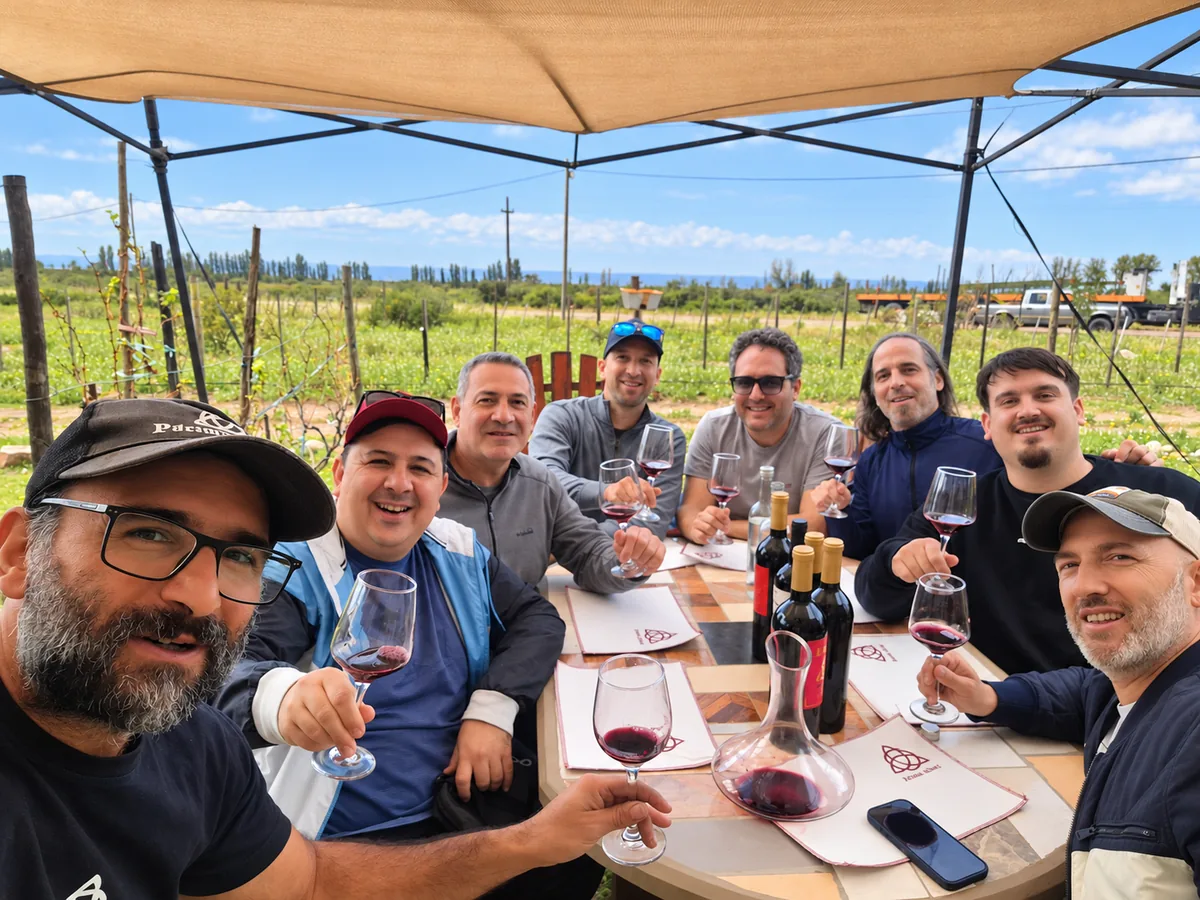 Un grupo brinda con vino tinto bajo la media sombra, frente al viñedo